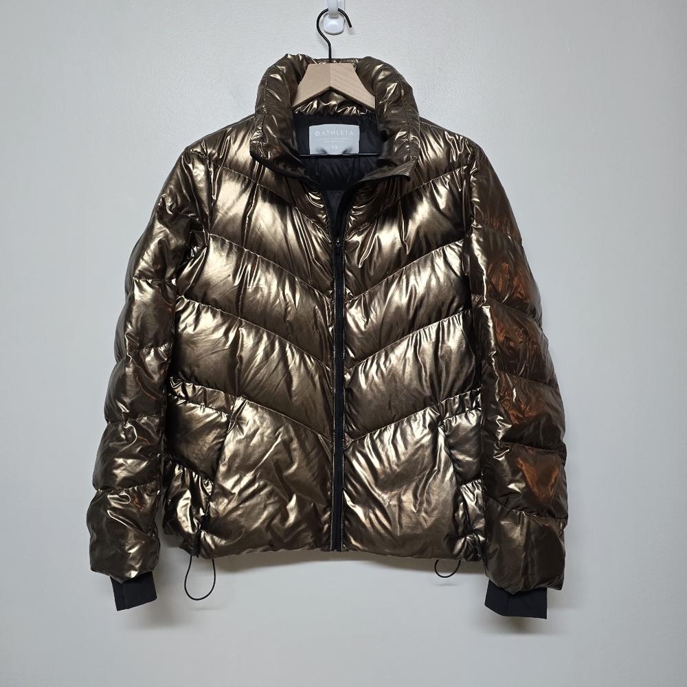 Athleta Womens Lofty Metallic Bronze Down Puffer Jacket sz‎ XS